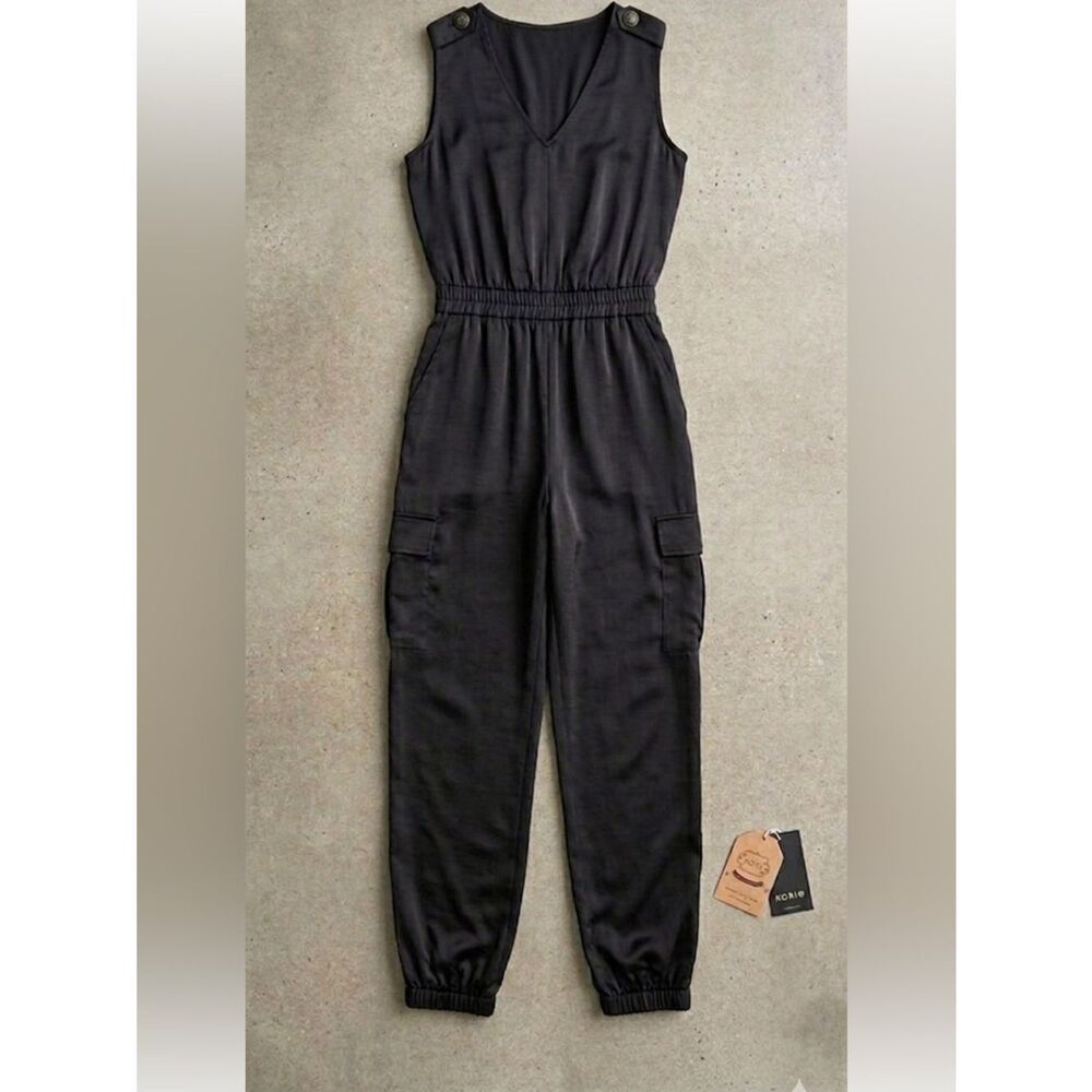 Kori Women’s New Black Satin Sleeveless Jumpsuit Streetwear Luxe Minimalist